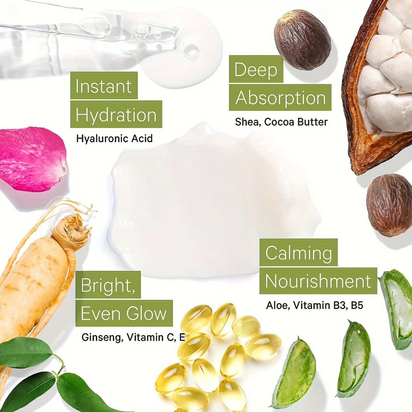 Hidratante facial a base de agua con ácido hialurónico, vitaminas C y E, té verde y aloe orgánico