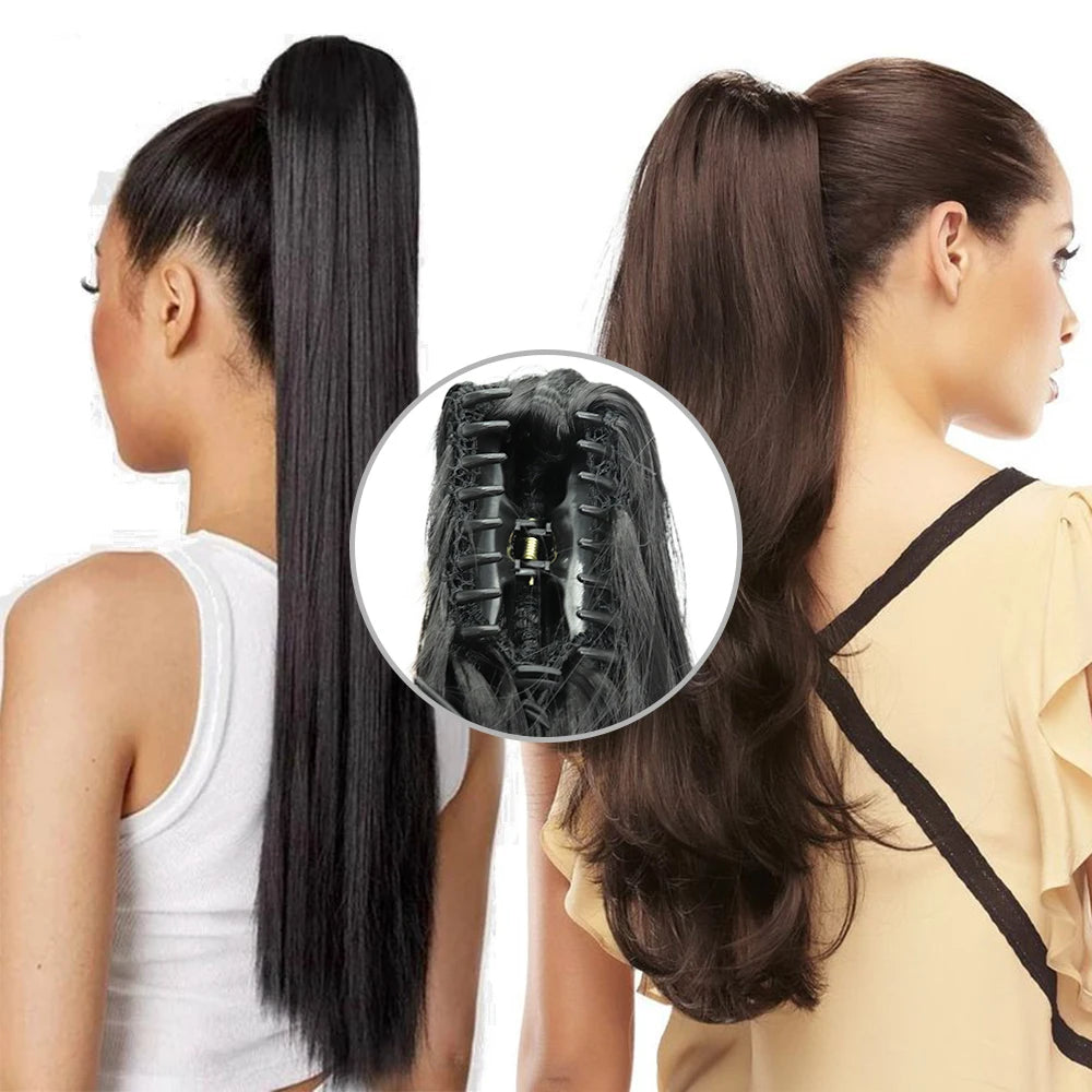 Extensiones de clip con garra sintética: cola de caballo larga y recta