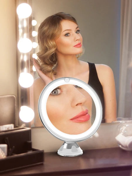 Espejo de maquillaje portátil con aumento de 10X, iluminación LED y pantalla táctil