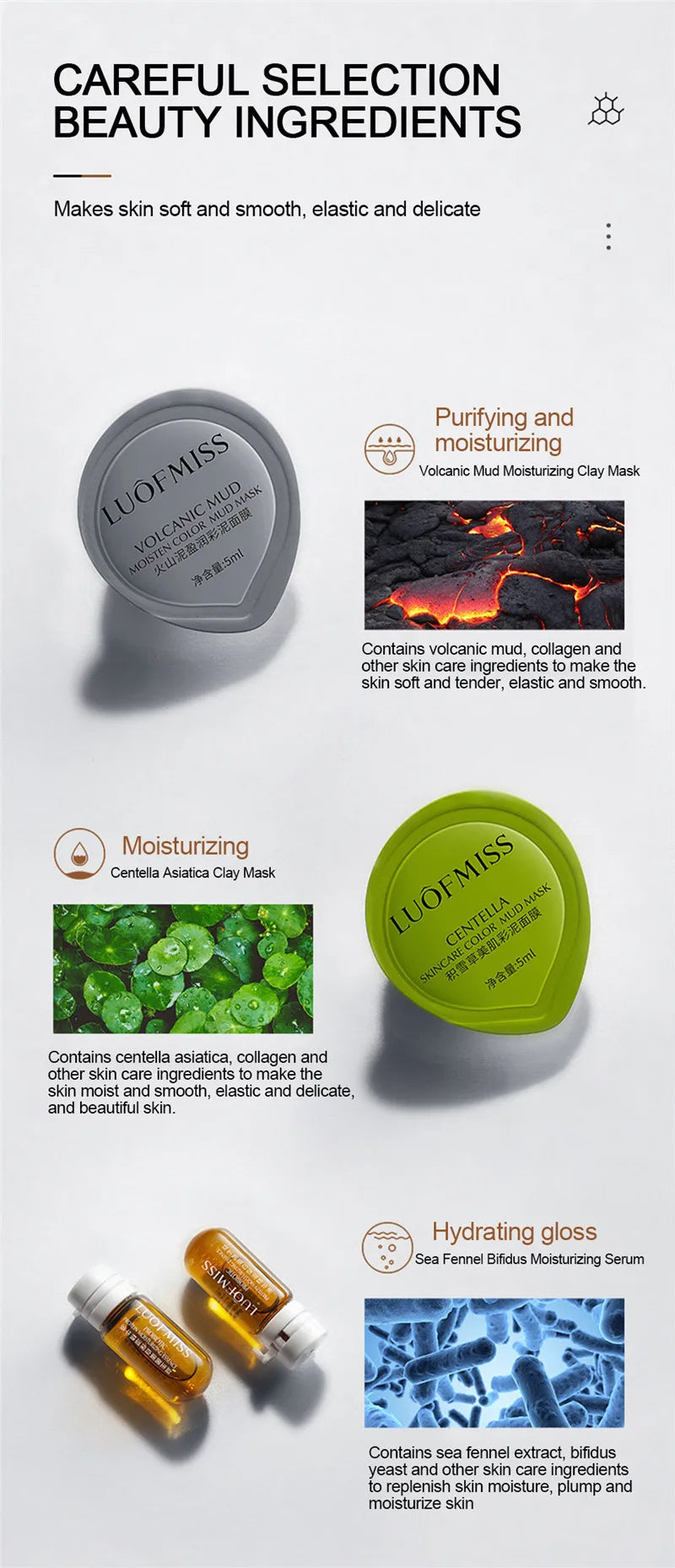 Set de cuidado de la piel reafirmante e hidratante, mascarilla facial de barro de cosmética japonesa con centella, barro volcánico y esencia de bífida e hinojo marino 33 piezas/caja