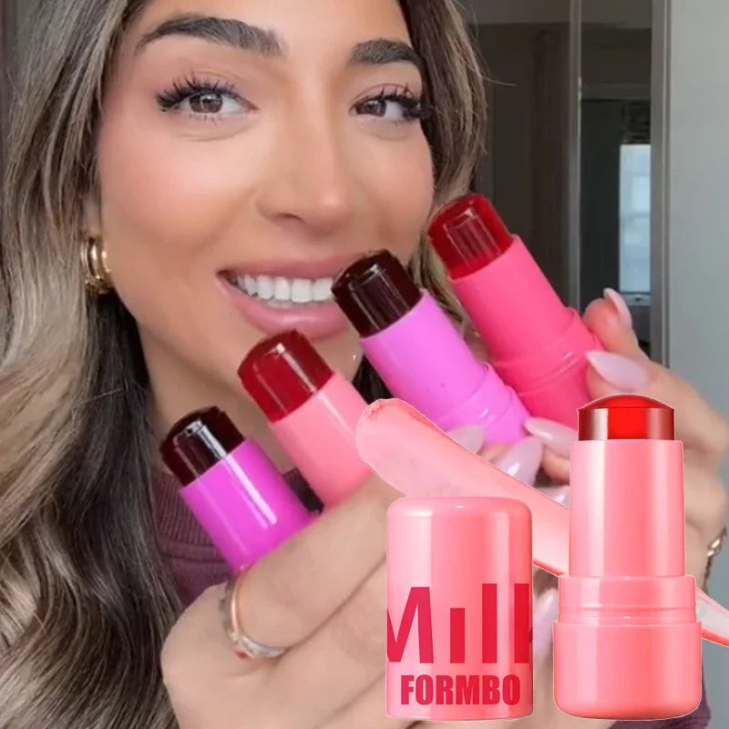 Lápiz labial hidratante 3 en 1 con rubor en gelatina de leche, rubor facial, lápiz labial mate de larga duración y contorno de mejillas