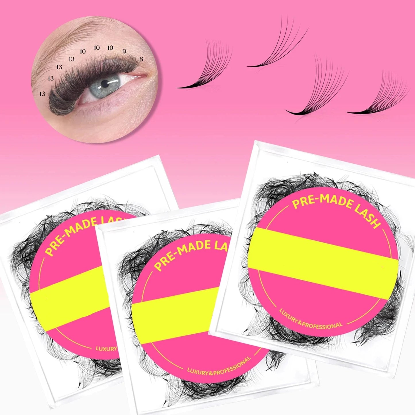 Extensiones de pestañas postizas: juego de 500 unidades con una amplia variedad de rizos, grosores y longitudes. Lujosas y profesionales, pelo a pelo.