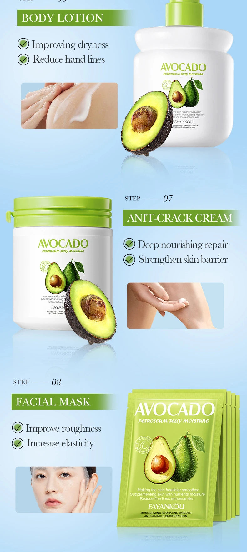 Korean Avocado Skincare Set - 8 Pieces