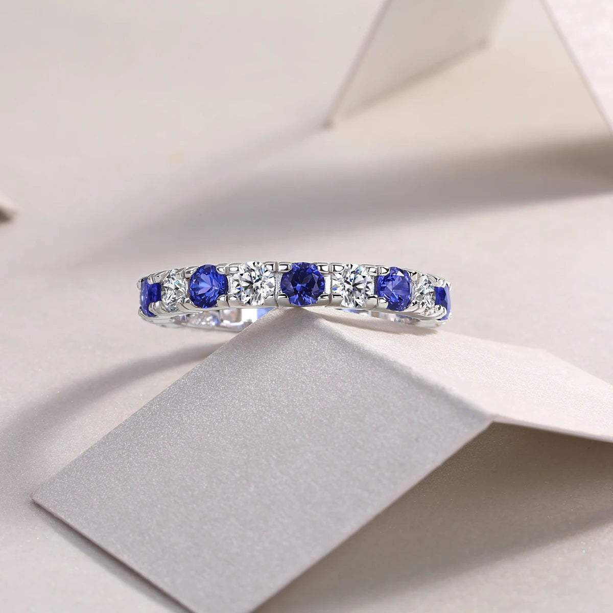 S925 Sterling Silver Ring with Moissanite and Sapphires, 18K Gold Plated – GRA Certified