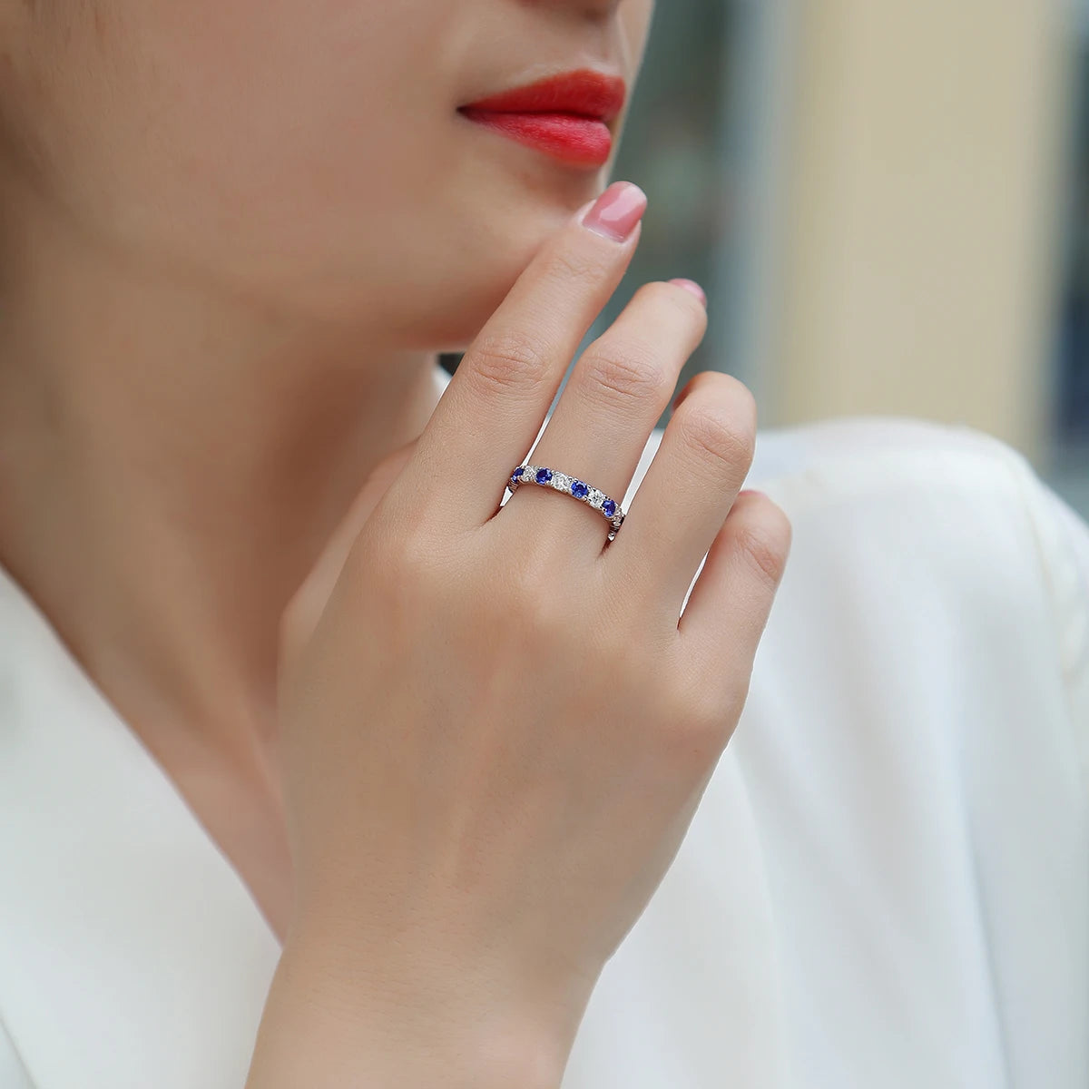 S925 Sterling Silver Ring with Moissanite and Sapphires, 18K Gold Plated – GRA Certified