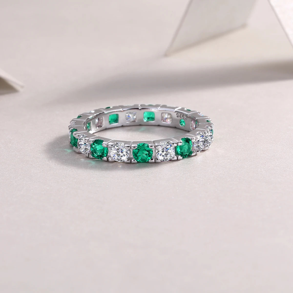 925 Sterling Silver Ring with Moissanite and Emeralds, 18K Gold Plated – GRA Certified
