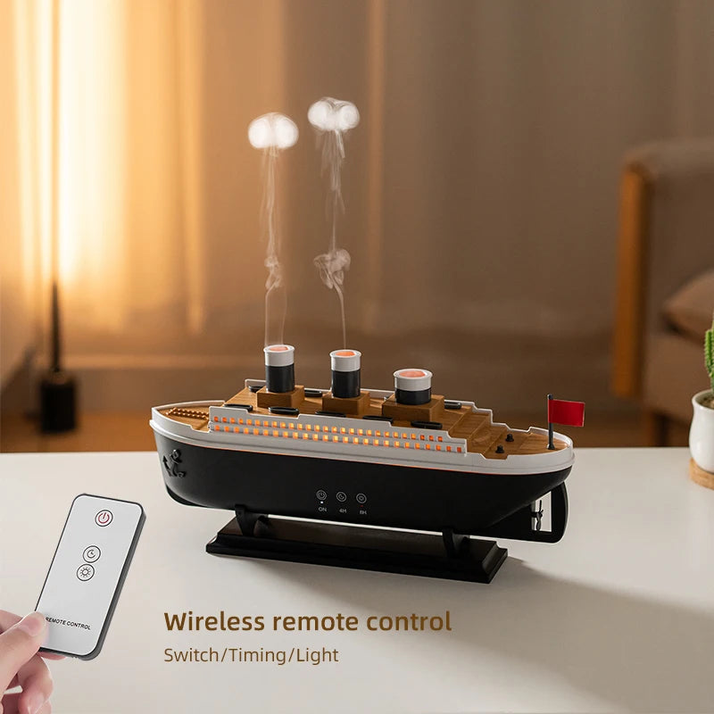 Humidificador de aire retro con diseño de barco, difusor ultrasónico de aromaterapia, generador de niebla, difusor de aroma de aceites esenciales con control remoto