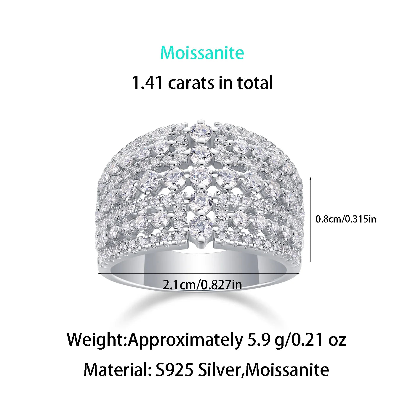 Wide Face Moissanite Eternity Ring in Platinum-Plated S925 Silver – Diamond Testing Certificate