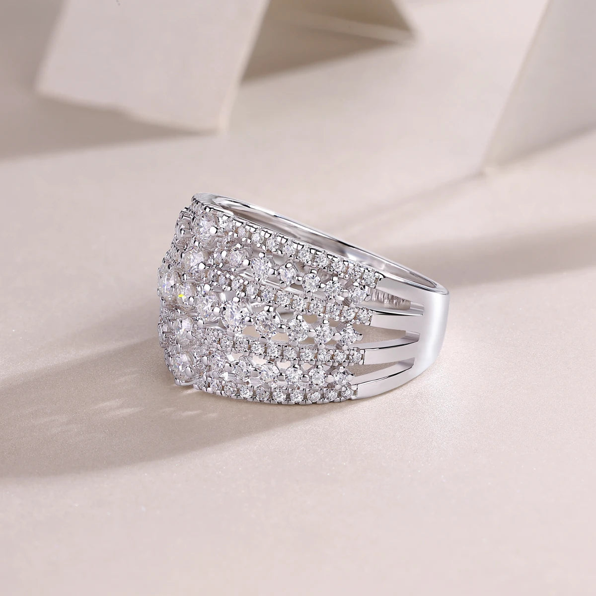 Wide Face Moissanite Eternity Ring in Platinum-Plated S925 Silver – Diamond Testing Certificate