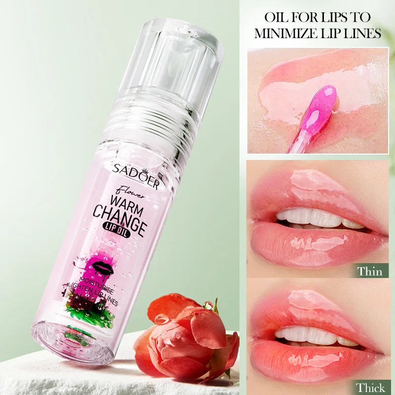 Fresh Flower Warm Color Changing Lip Oil Moisturizing Lipstick Hydrating Plumping Lip Balm Plumper