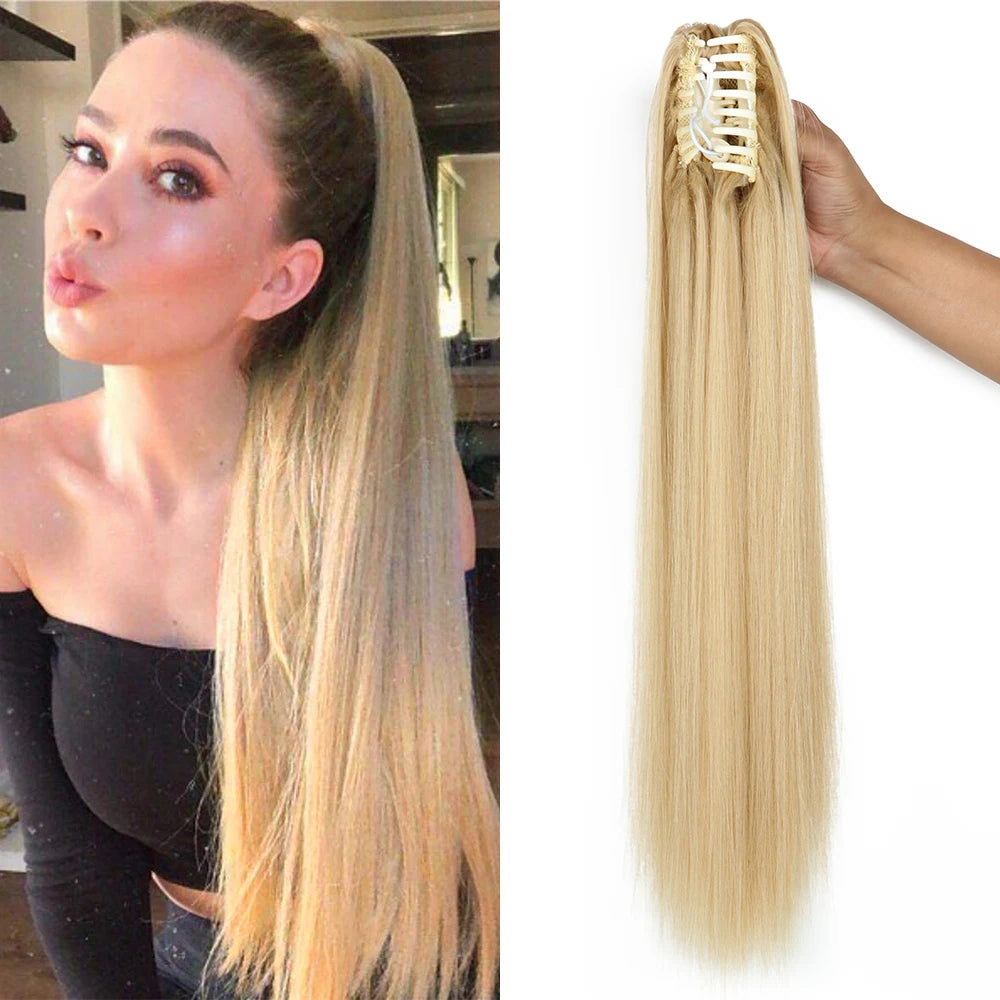 Extensiones de clip con garra sintética: cola de caballo larga y recta