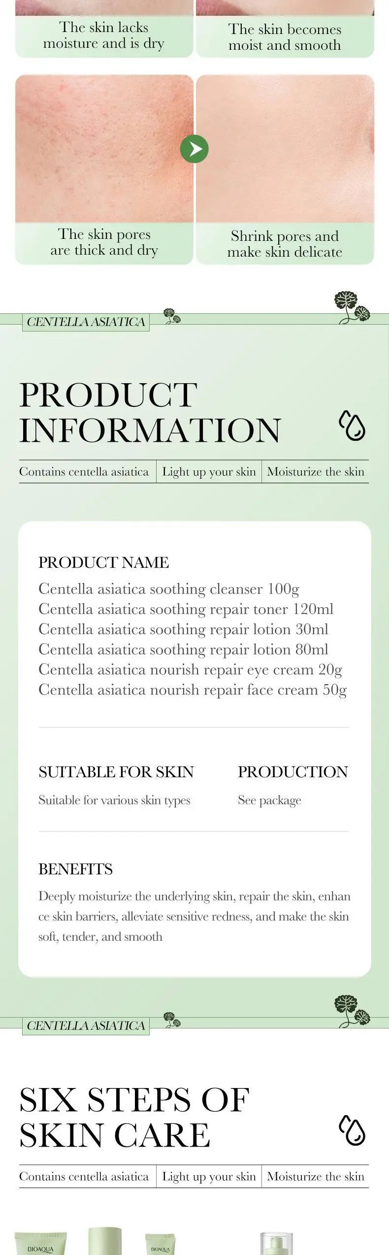 Set de cosmética japonesa para el cuidado de la piel con centella asiática: 6 productos