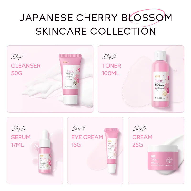 Set de 5 piezas para el cuidado de la piel con flores de cerezo japonesas
