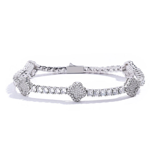 Pulsera de tenis de moissanita | Trébol de cuatro hojas | Plata 925 y oro blanco de 18 quilates
