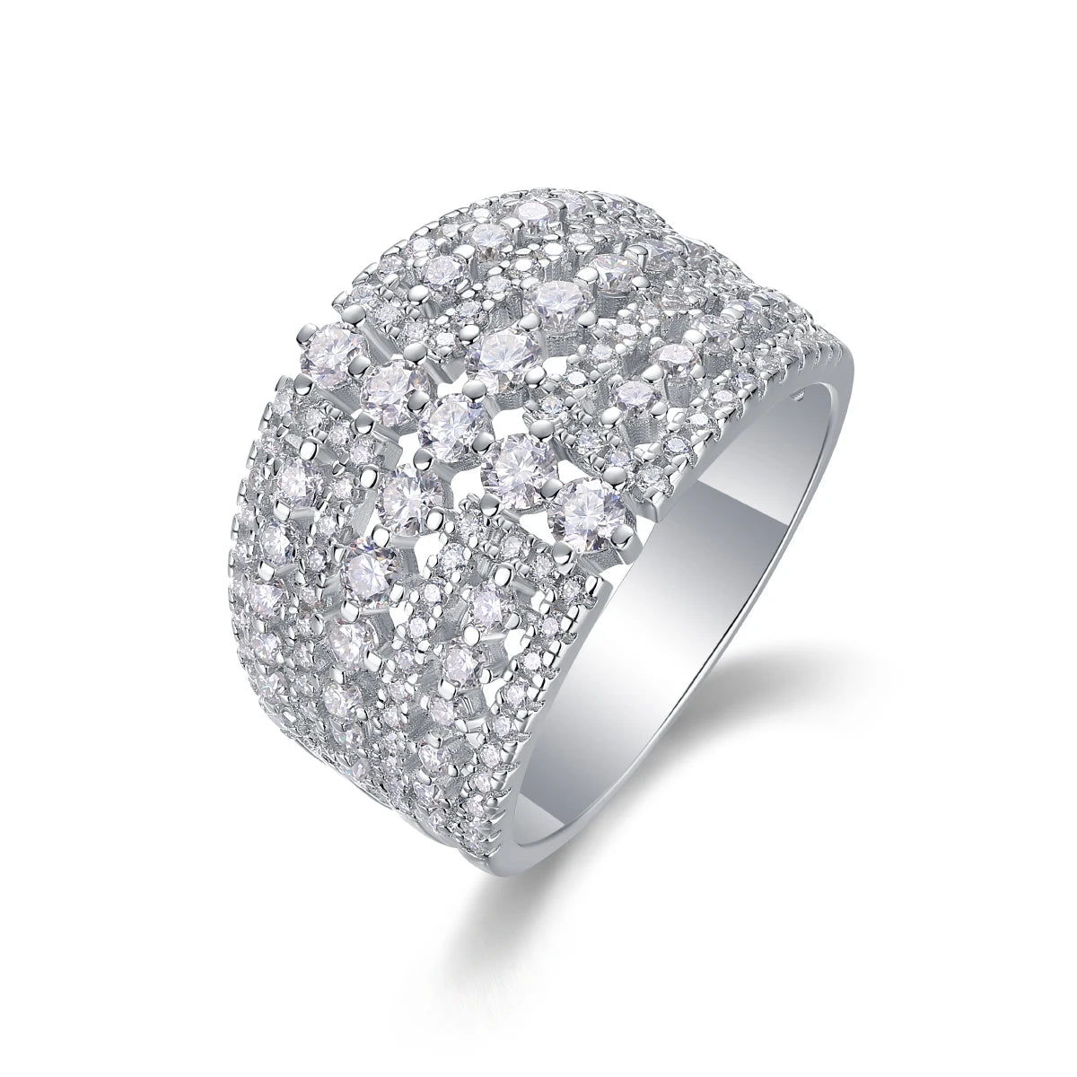 Wide Face Moissanite Eternity Ring in Platinum-Plated S925 Silver – Diamond Testing Certificate
