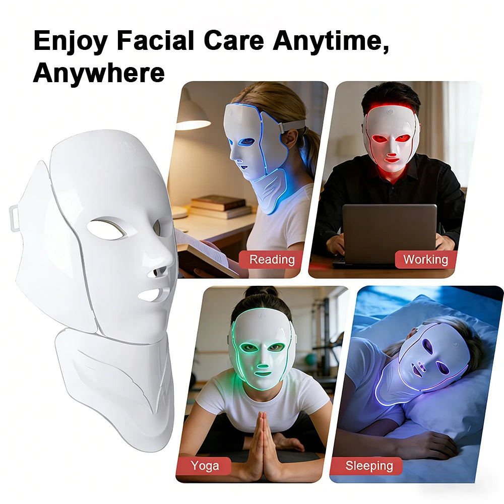 Wireless 7-Colour LED Face & Neck Mask – 180 LEDs, 8 Modes, Rechargeable