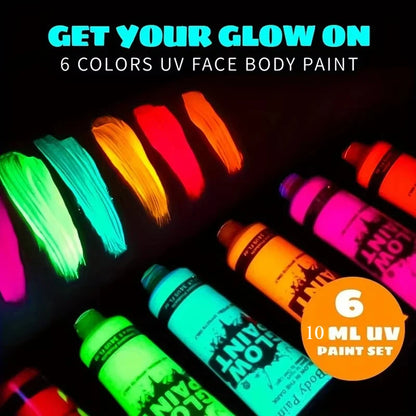 UV-Neon-Gesichts- & Körperfarben-Set – 6 × 10 ml, leuchtet unter Schwarzlicht, auf Wasserbasis