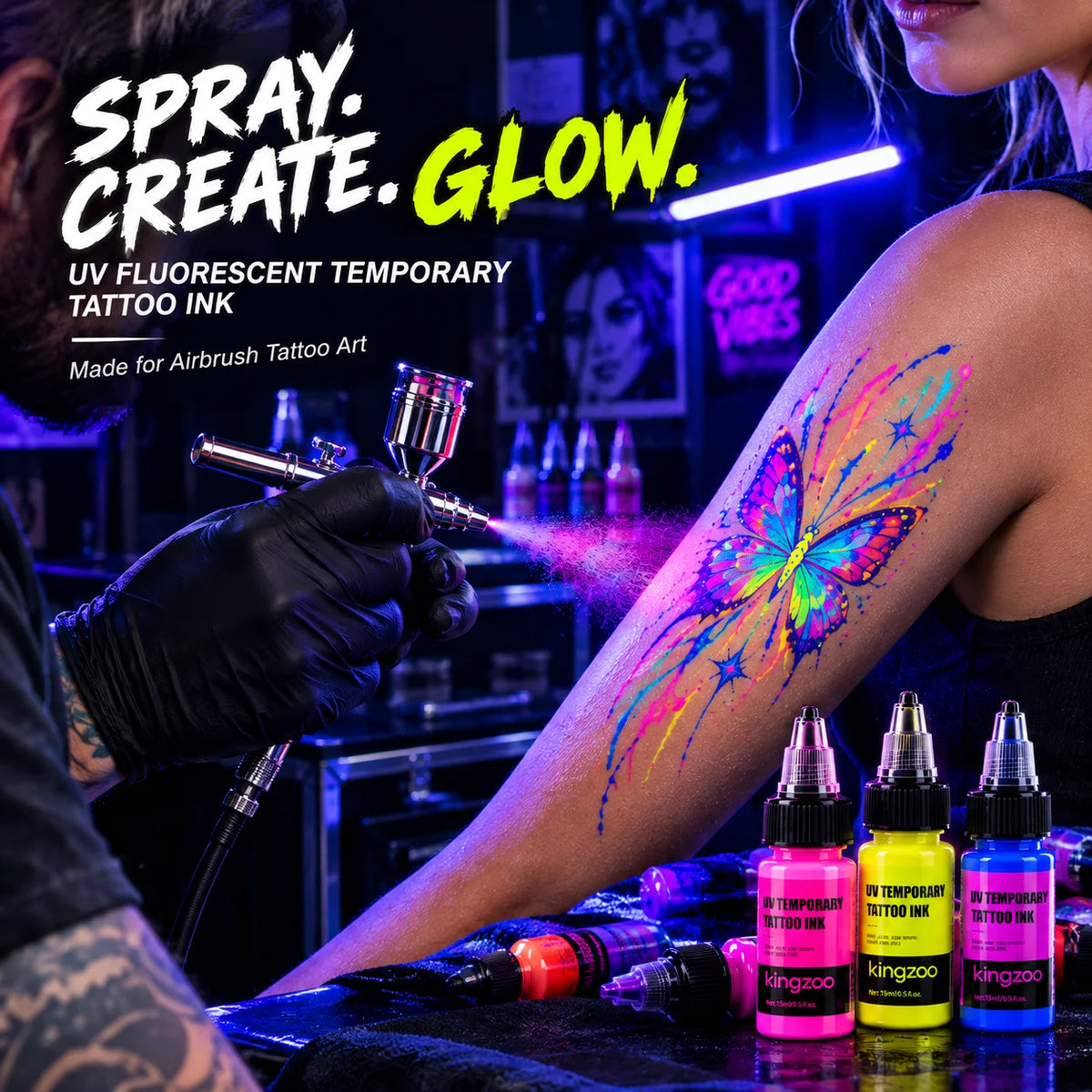 UV-Airbrush-Tinte für temporäre Tattoos – Schwarzlicht-Körperfarbe, hält 3–7 Tage, 15 ml, 8 Farben
