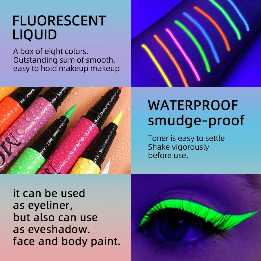 UV Neon Liquid Eyeliner – Blacklight Glow, Matte, Waterproof & Quick-Dry, 8 Colours