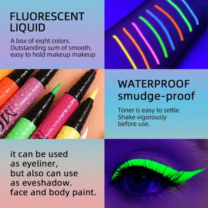 UV Neon Liquid Eyeliner – Blacklight Glow, Matte, Waterproof & Quick-Dry, 8 Colours