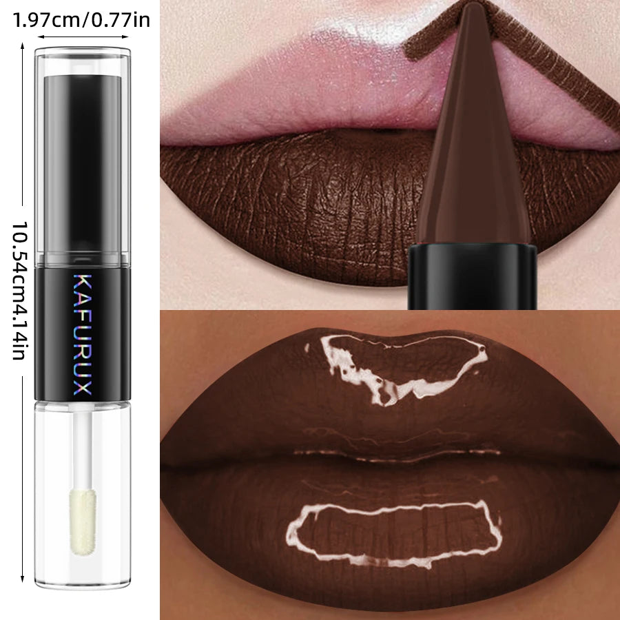 2-in-1 Matte Lipstick & Glossy Top Coat – Dual-Ended, Waterproof & Long-Lasting, 5 Dark Shades