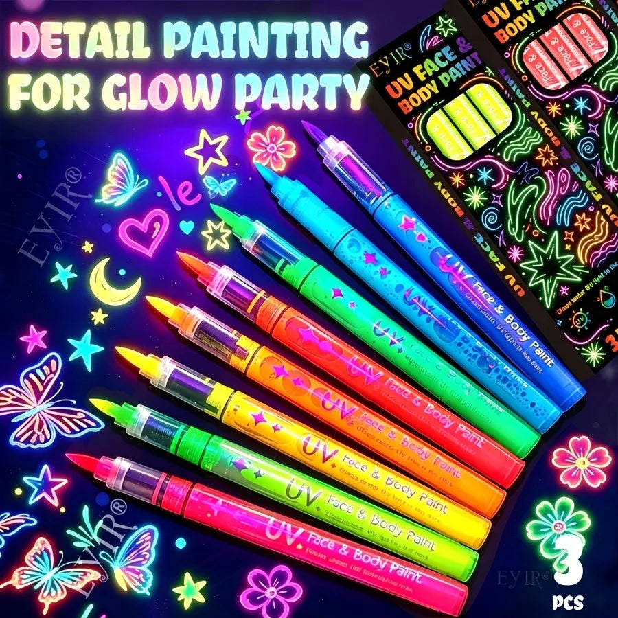 UV-Neon-Gesichts- & Körpermalstifte – schwarzlichtaktiv, abwaschbar, 3er-Packs, 8 Farben