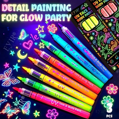 UV-Neon-Gesichts- & Körpermalstifte – schwarzlichtaktiv, abwaschbar, 3er-Packs, 8 Farben