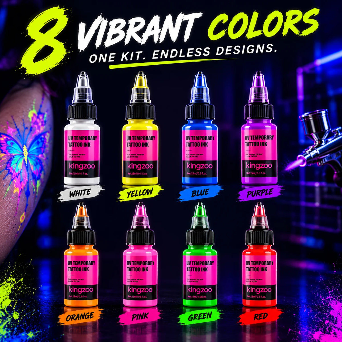 UV-Airbrush-Tinte für temporäre Tattoos – Schwarzlicht-Körperfarbe, hält 3–7 Tage, 15 ml, 8 Farben