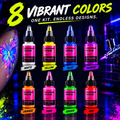 UV-Airbrush-Tinte für temporäre Tattoos – Schwarzlicht-Körperfarbe, hält 3–7 Tage, 15 ml, 8 Farben