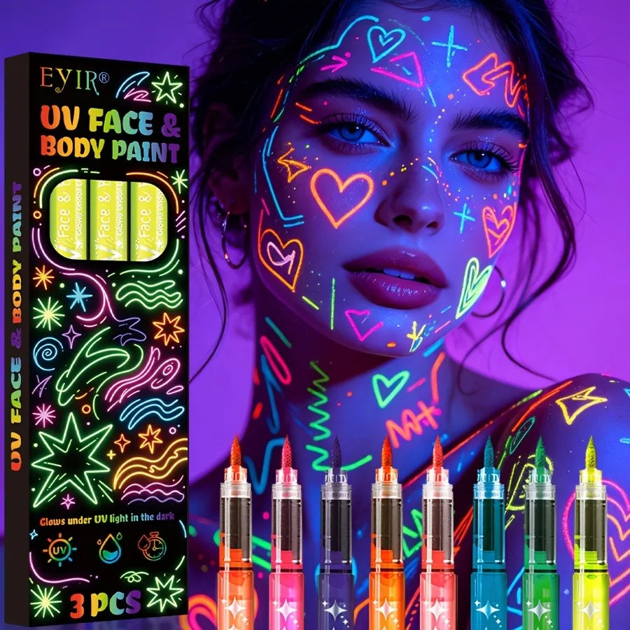 UV-Neon-Gesichts- & Körpermalstifte – schwarzlichtaktiv, abwaschbar, 3er-Packs, 8 Farben