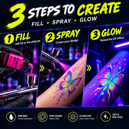 UV-Airbrush-Tinte für temporäre Tattoos – Schwarzlicht-Körperfarbe, hält 3–7 Tage, 15 ml, 8 Farben