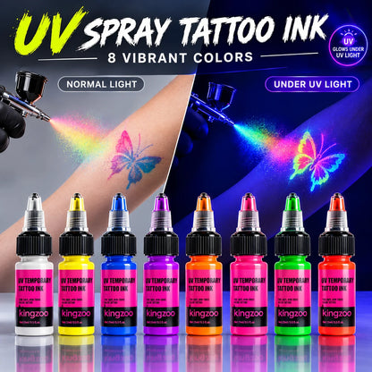 UV-Airbrush-Tinte für temporäre Tattoos – Schwarzlicht-Körperfarbe, hält 3–7 Tage, 15 ml, 8 Farben