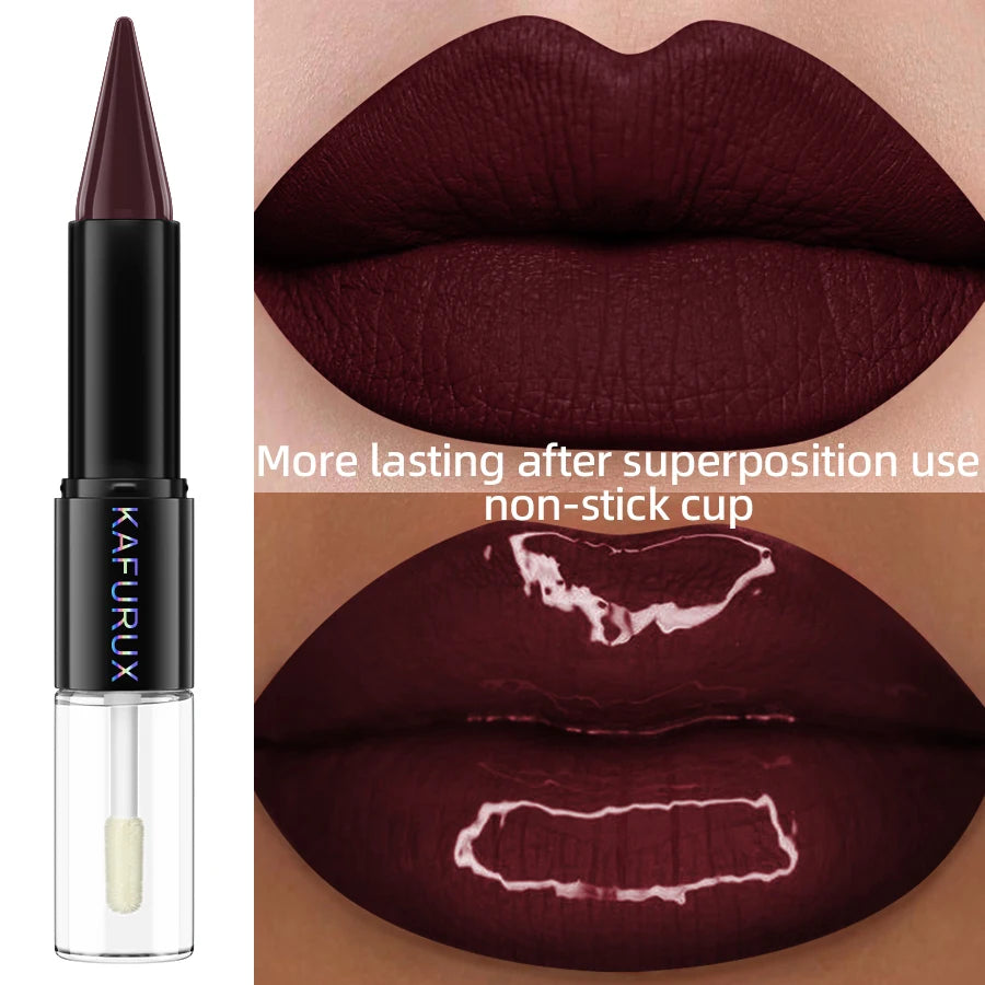 2-in-1 Matte Lipstick & Glossy Top Coat – Dual-Ended, Waterproof & Long-Lasting, 5 Dark Shades