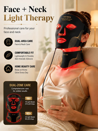 Silicone LED Face & Neck Mask – 7-Colour Red Light Therapy, 309 LED Chips, Cordless