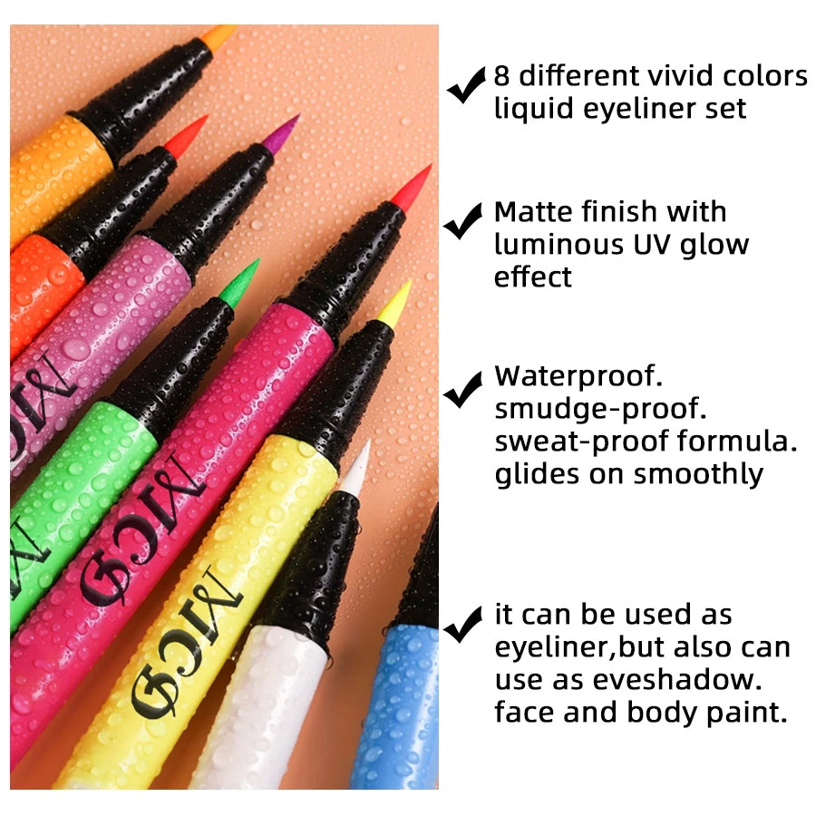 UV Neon Liquid Eyeliner – Blacklight Glow, Matte, Waterproof & Quick-Dry, 8 Colours