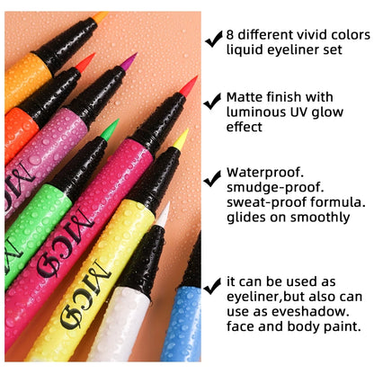 UV Neon Liquid Eyeliner – Blacklight Glow, Matte, Waterproof & Quick-Dry, 8 Colours