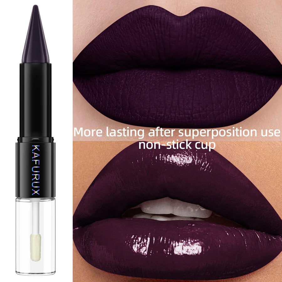 2-in-1 Matte Lipstick & Glossy Top Coat – Dual-Ended, Waterproof & Long-Lasting, 5 Dark Shades