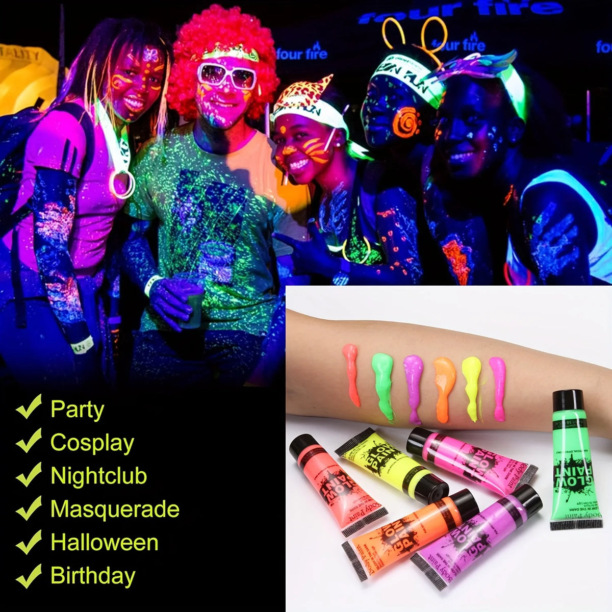 UV-Neon-Gesichts- & Körperfarben-Set – 6 × 10 ml, leuchtet unter Schwarzlicht, auf Wasserbasis