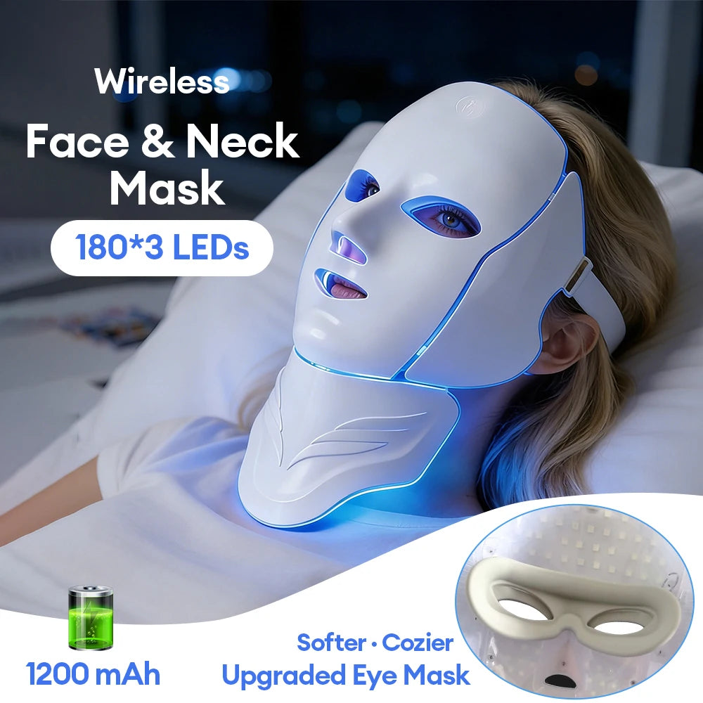 Wireless 7-Colour LED Face & Neck Mask – 180 LEDs, 8 Modes, Rechargeable