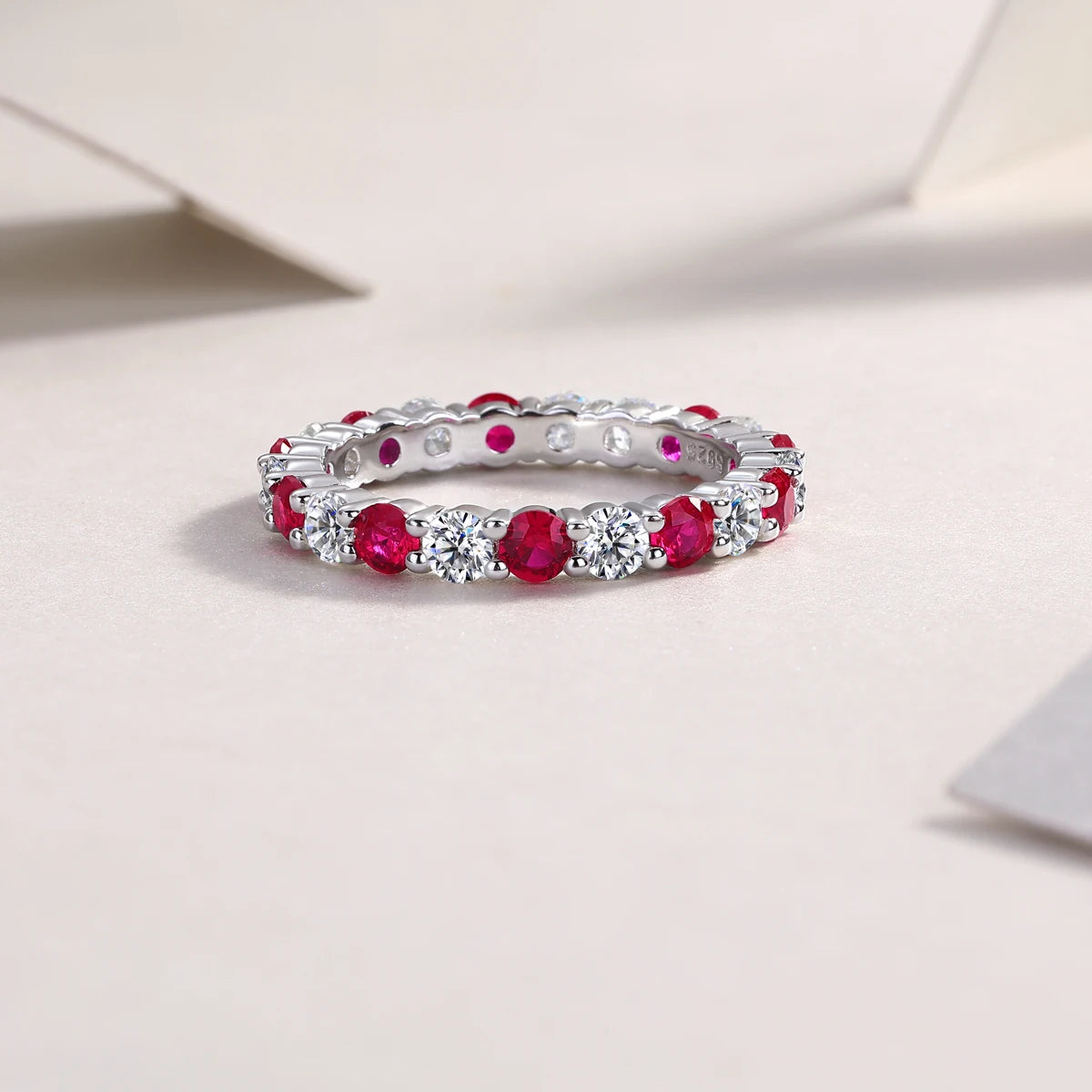 S925 Sterling Silver Ring with Moissanite and Rubies, 18K Gold Plated – GRA Certified