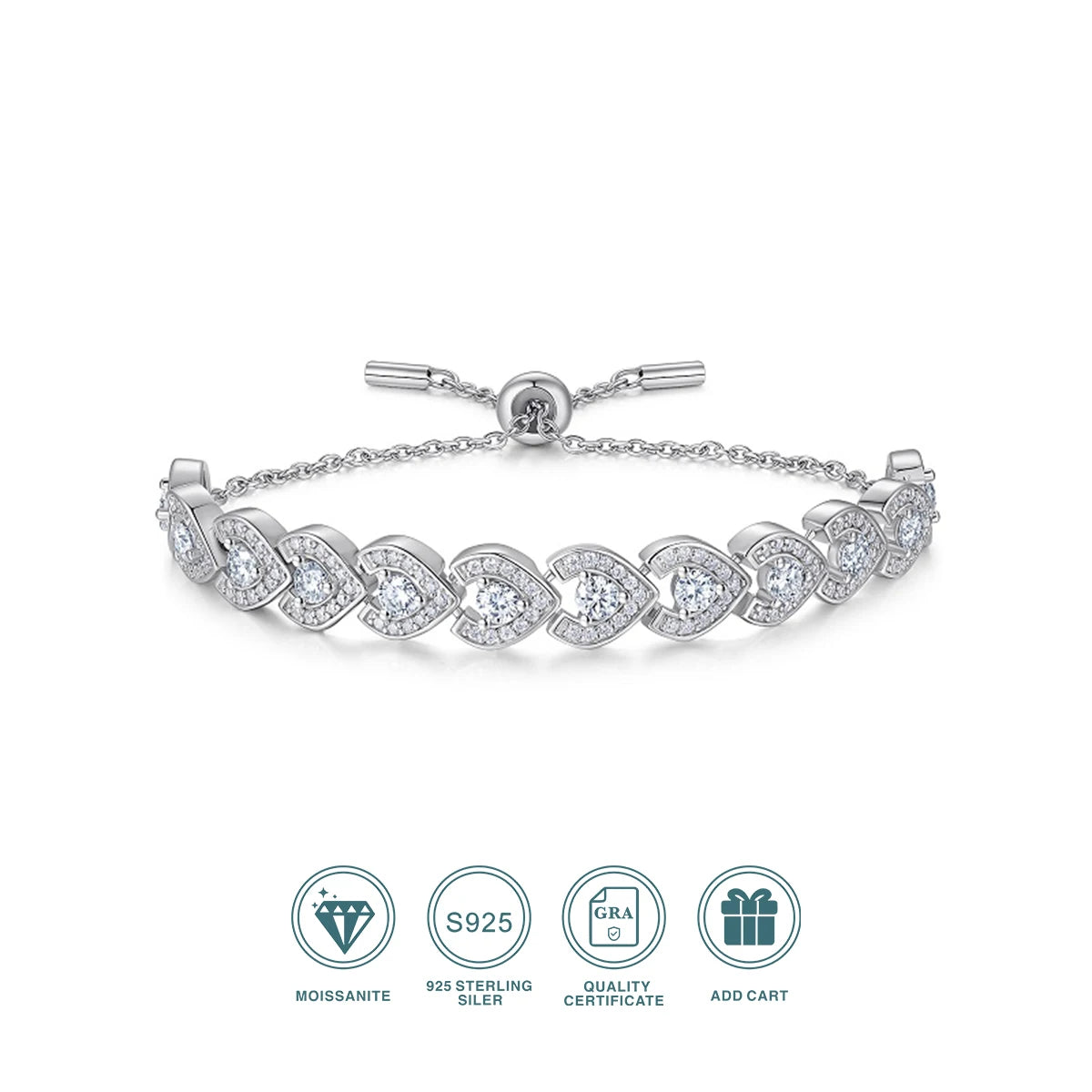 Adjustable Moissanite Bracelet in 925 Sterling Silver with 18K Gold Plating – Heart Design | Certificate of Authenticity