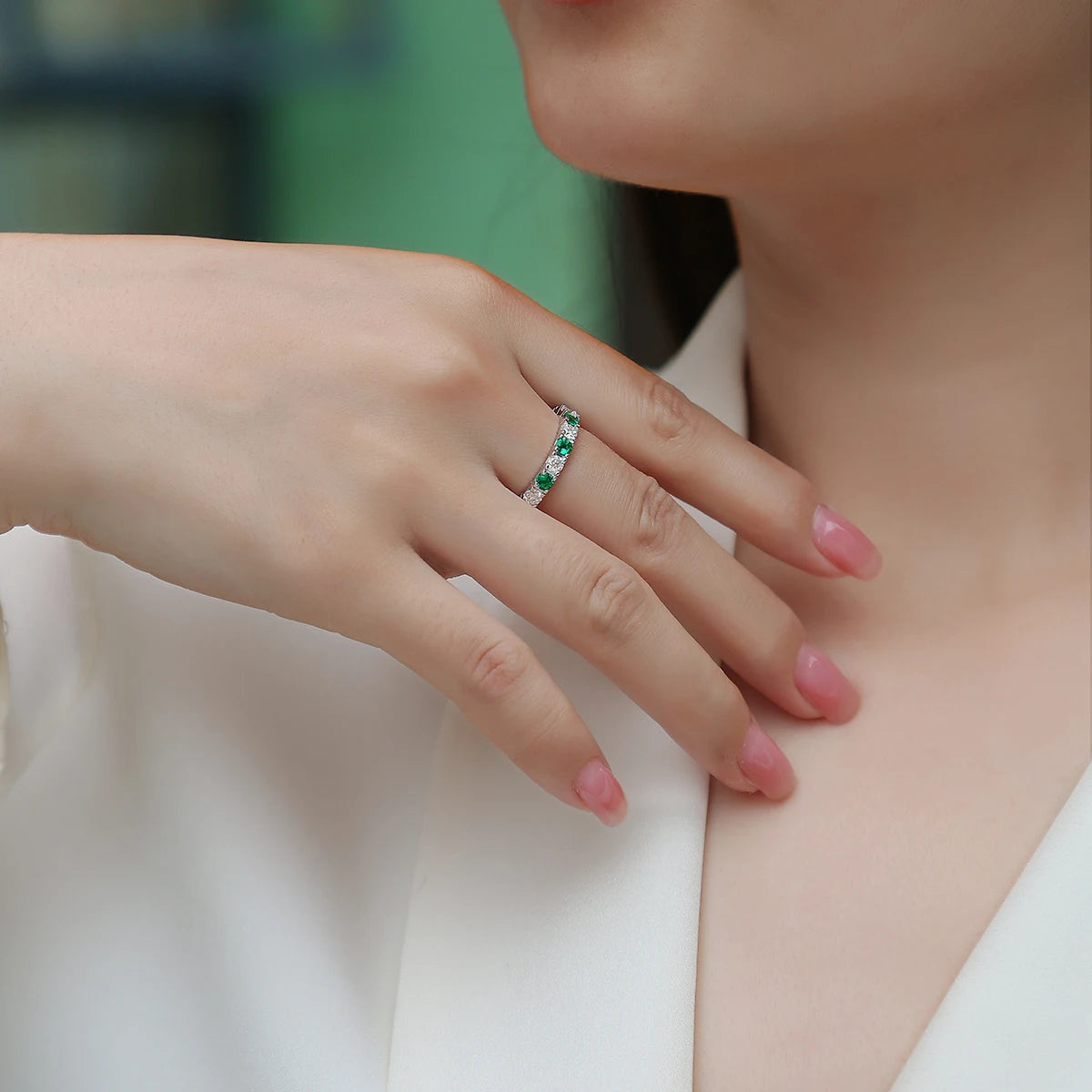 925 Sterling Silver Ring with Moissanite and Emeralds, 18K Gold Plated – GRA Certified