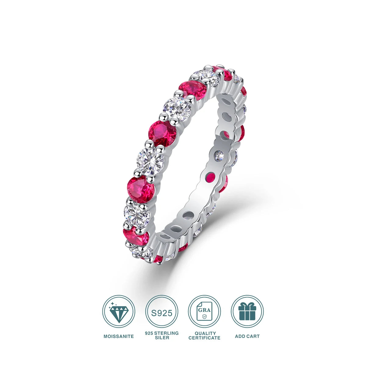 S925 Sterling Silver Ring with Moissanite and Rubies, 18K Gold Plated – GRA Certified