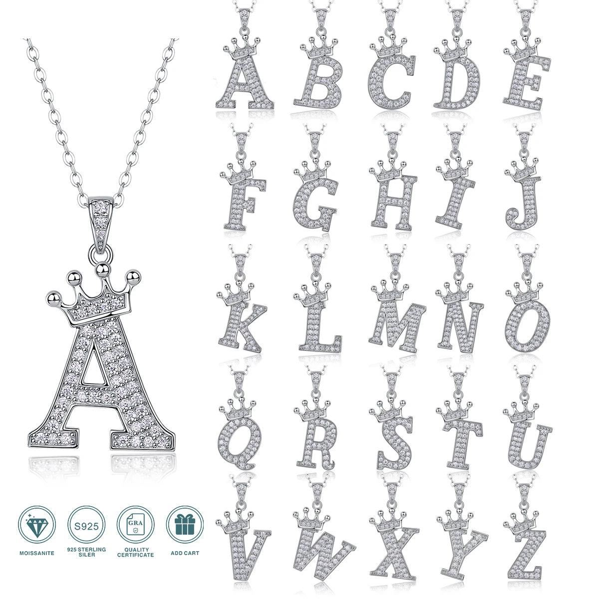 Moissanite Crown Alphabet Letter Pendant Necklace in 18K Gold Plated 925 Silver – 26 Letters Available