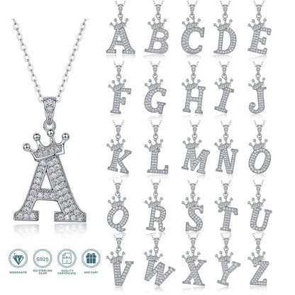Moissanite Crown Alphabet Letter Pendant Necklace in 18K Gold Plated 925 Silver – 26 Letters Available