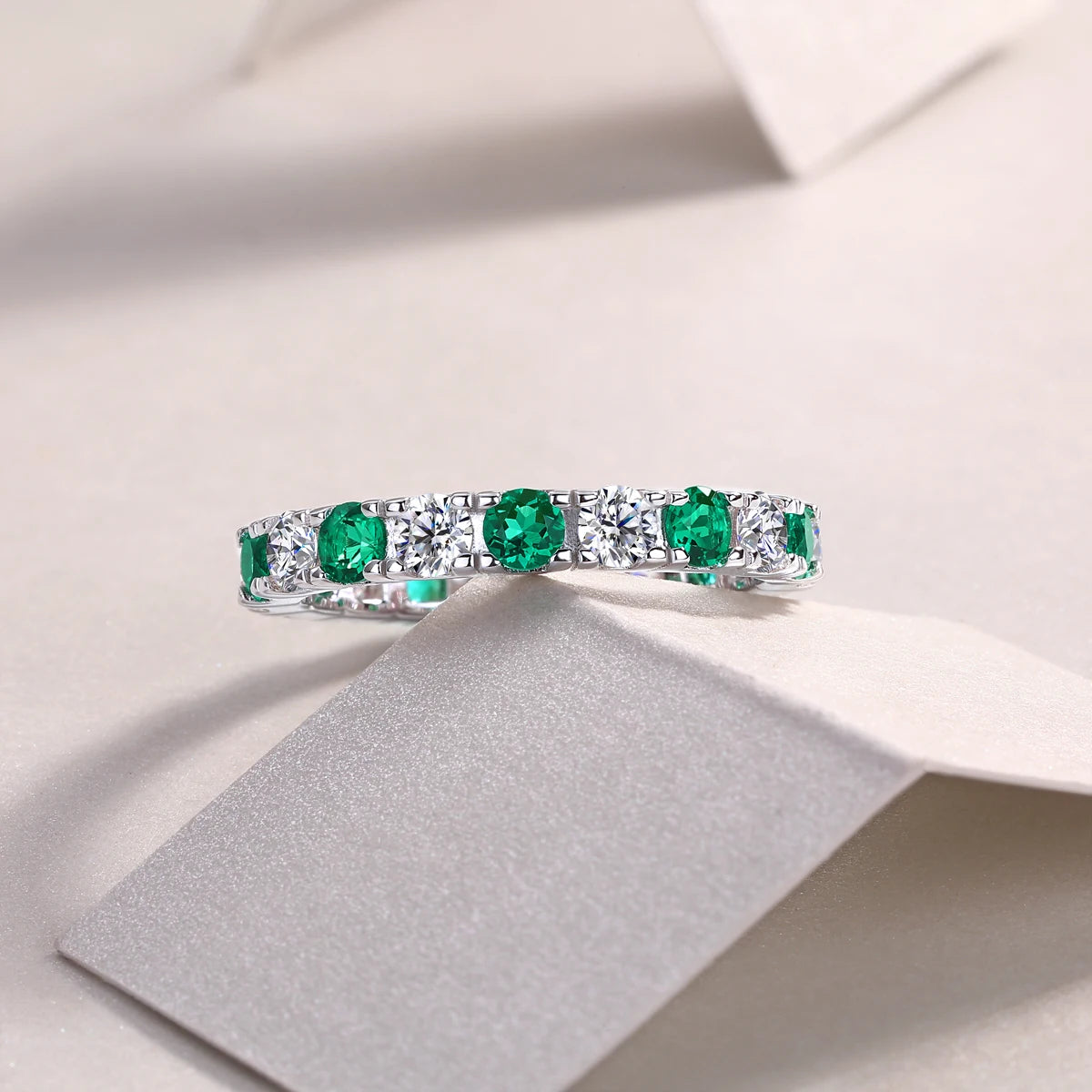925 Sterling Silver Ring with Moissanite and Emeralds, 18K Gold Plated – GRA Certified