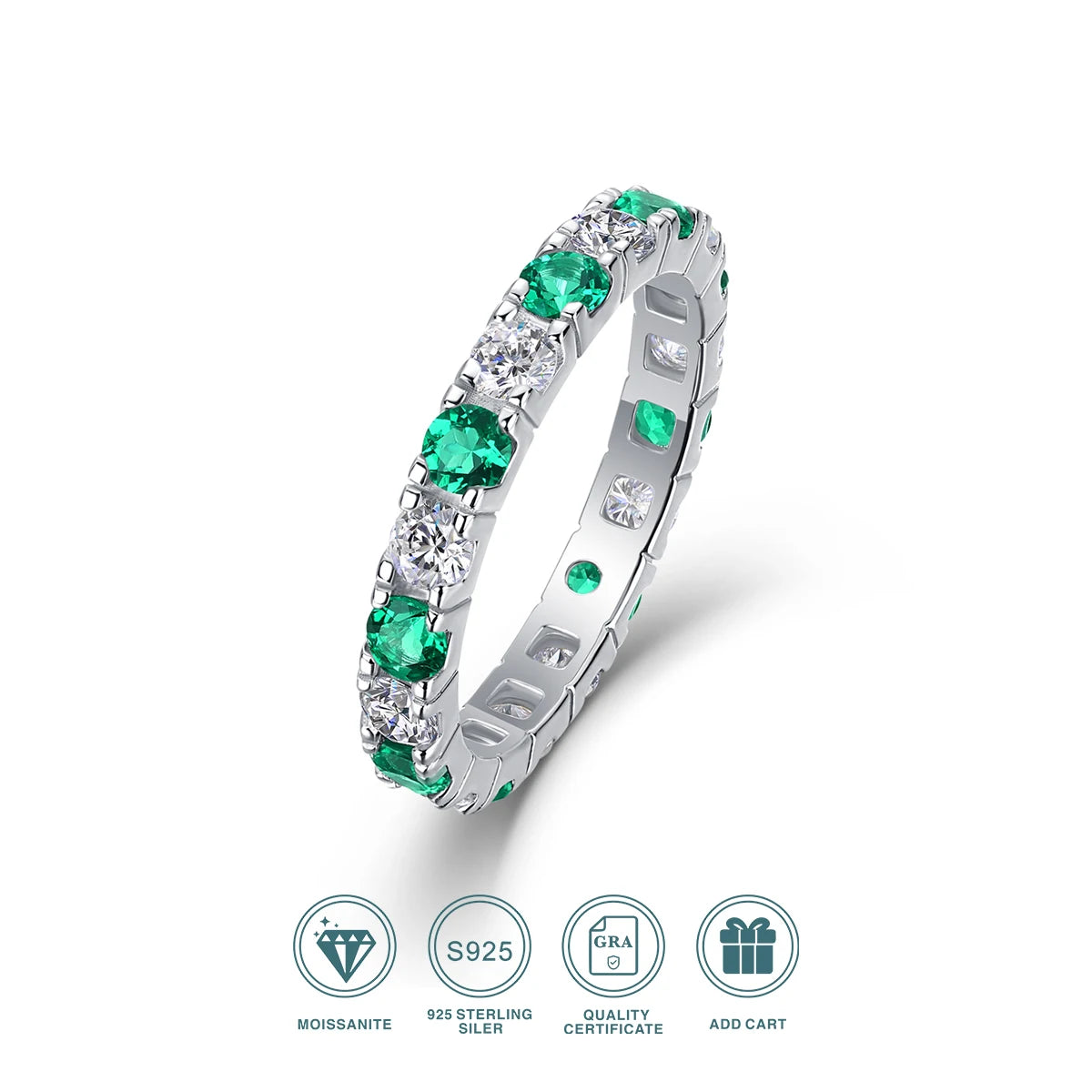 925 Sterling Silver Ring with Moissanite and Emeralds, 18K Gold Plated – GRA Certified