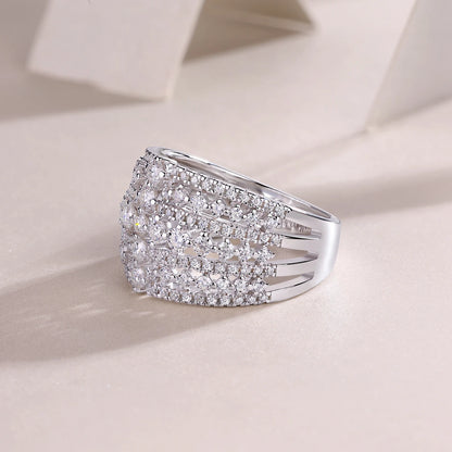 Wide Face Moissanite Eternity Ring in Platinum-Plated S925 Silver – Diamond Testing Certificate