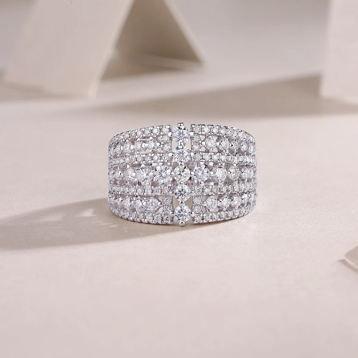 Wide Face Moissanite Eternity Ring in Platinum-Plated S925 Silver – Diamond Testing Certificate