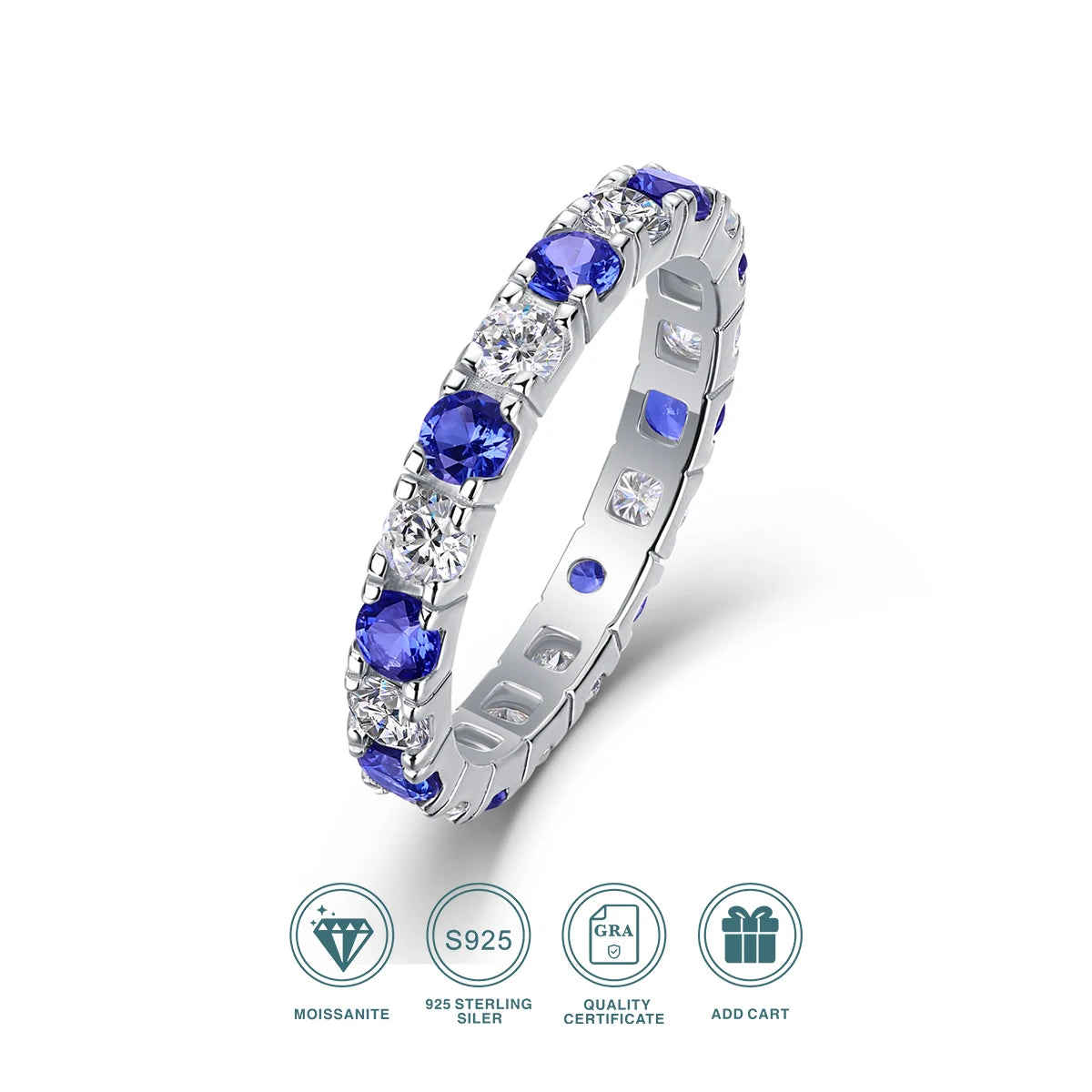 S925 Sterling Silver Ring with Moissanite and Sapphires, 18K Gold Plated – GRA Certified